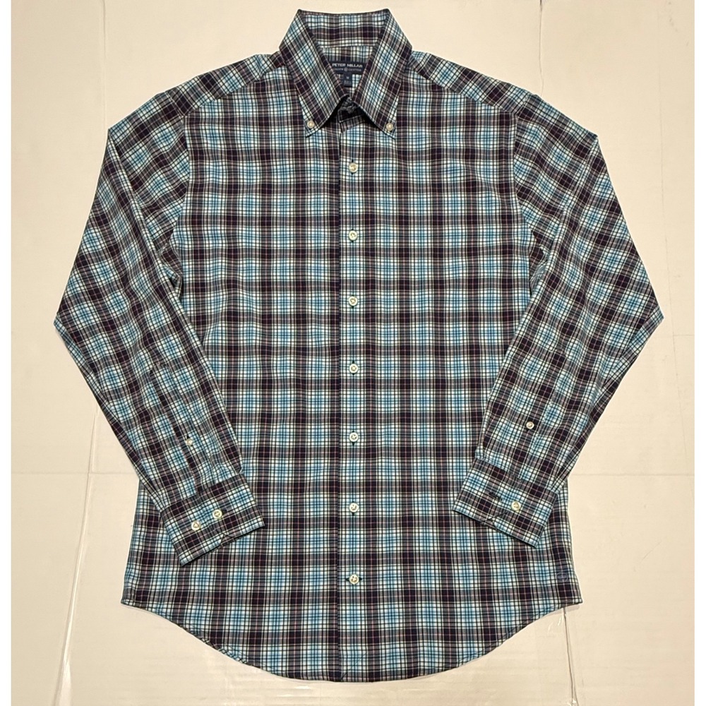 Peter Millar Crown Crafted Mens Medium Blue Plaid Button Down Shirt Tailored Fit